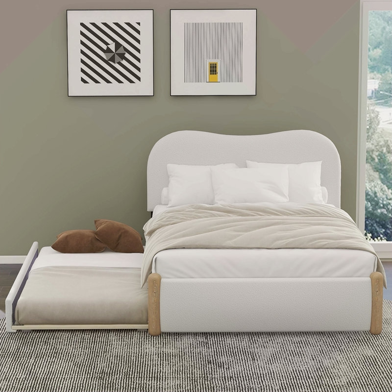 Lit plateforme tapissier avec pieds et gigogne en bois, Blanc, Lit double