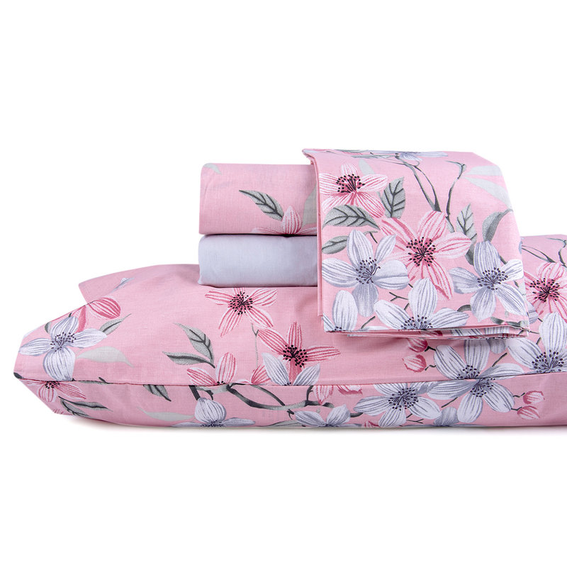 Twin Pink Floral Cotton Percale Bedding Set