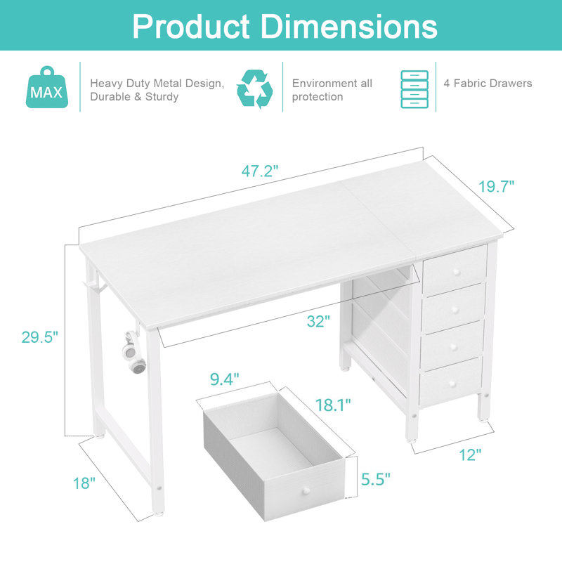 Computer Desk with 4 Drawers, Fabric Drawers Writing Desk, White, 29.5" H x 47.2" W x 19.7" D