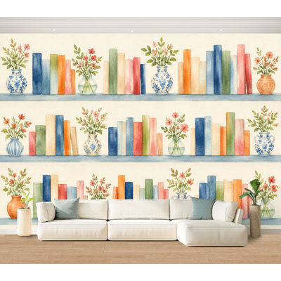 Wall Mural Peel and Stick Wallpaper Watercolor Bookshelf Colorful Books Floral Vases Self-Adhesive Removable Contact Paper Wall Decor for Living Room Bedroom 100"H x 144"W