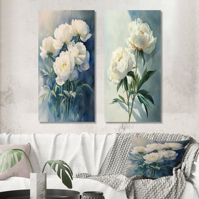 Aqua pivoines et ombres géométriques I - ensemble de 2 reproductions d'art mural botanique en métal