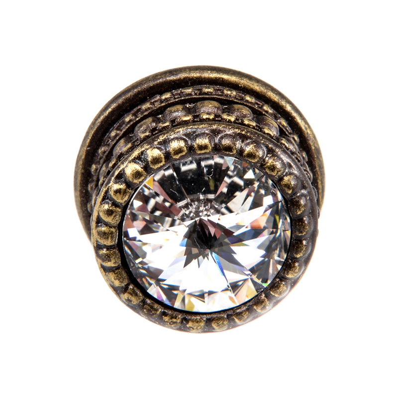 Poignée ronde en cachemire avec un cristal Swarovski transparent de 16 mm Rivoli, Laiton antique