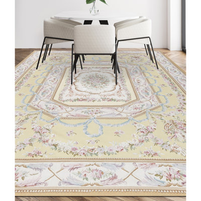 Tapis jaune et ivoire de haute qualité noué à la main