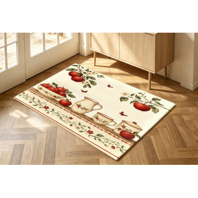 Tapis d'intérieur de style vintage lavable à la machine avec envers antidérapant, motif de pommes rouges et de fleurs, idéal pour le salon, la chambre à coucher, l'entrée, la cuisine ou le balcon.
