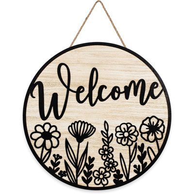 Panneau de bienvenue 3D en bois à motif marguerite, style rustique, avec fleurs sauvages noires.