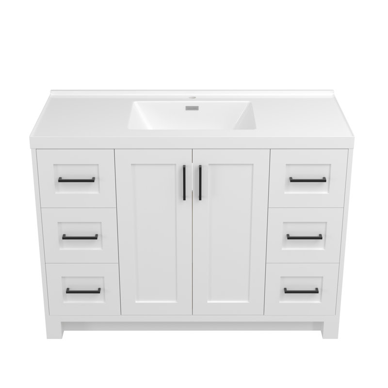 Solid Wood 48" Single Bathroom Vanity with Solid Surface Sink Top Set, Pre-assembled Storage Cabinet, White/Matte Black