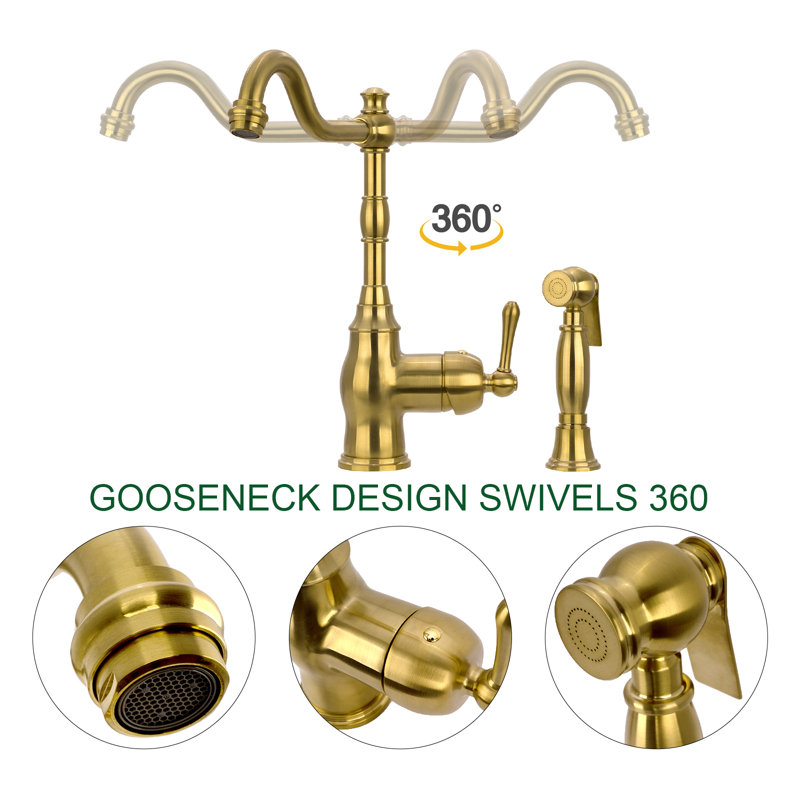 Brass Gold One-Handle Widespread Kitchen Faucet with Side Sprayer