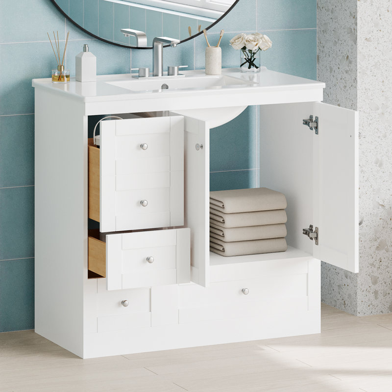 Meuble-lavabo simple 36 po, rangement compact, bois, comptoir en céramique, traditionnel, salle de bain