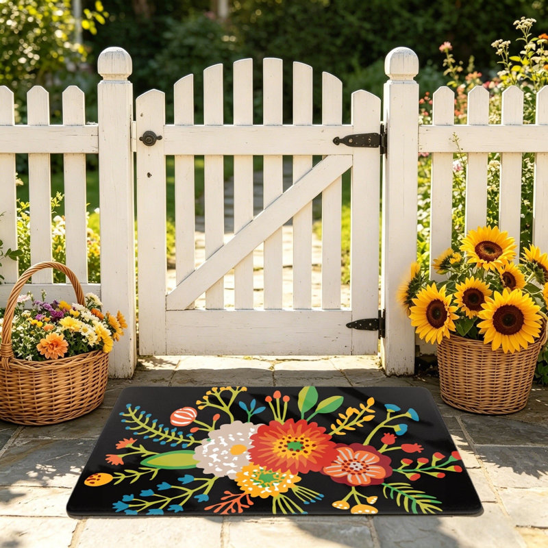 Black Vibrant Floral Door Rug 24"x 36" for Front Door