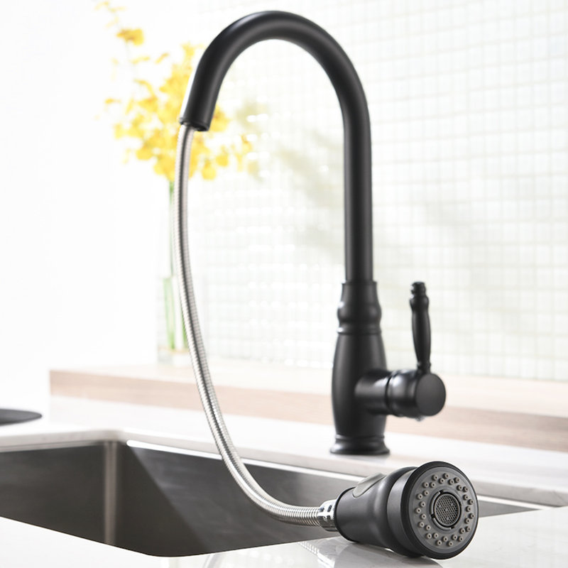 Modern Black Kitchen Faucet With Pull-Down - Brass Construction, Single Handle For Precise Water Temperature And Flow Adjustment Contemporary Black, Lever Smooth Control Functional Style