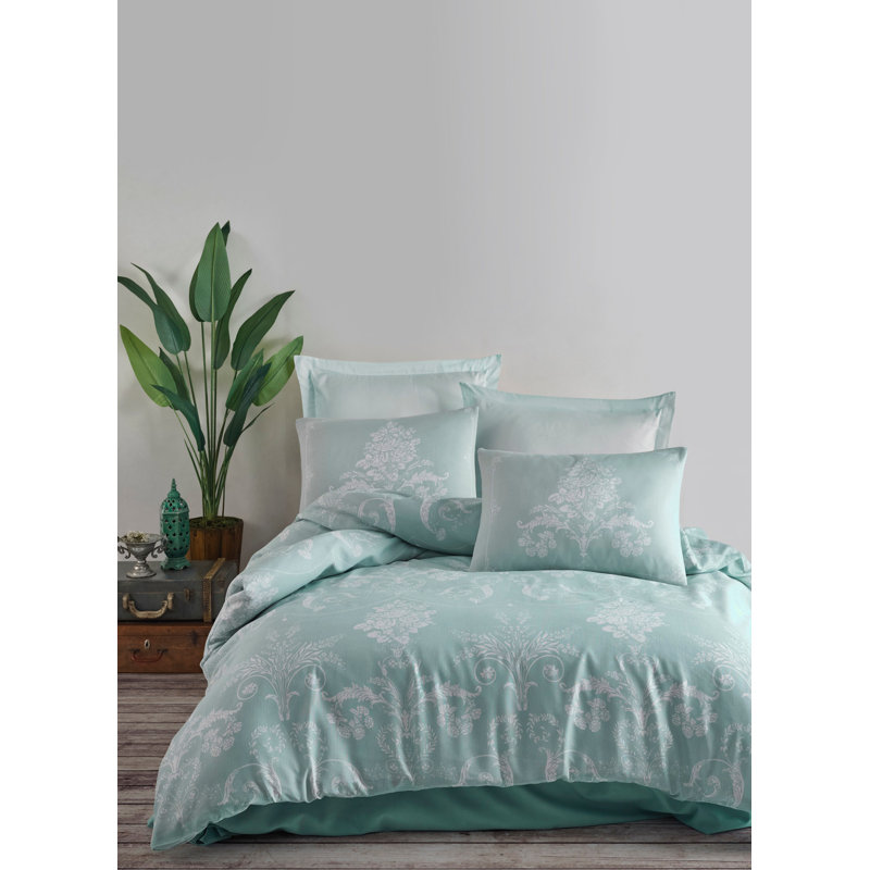 Ensemble de housse de couette 3 pièces en mélange de coton Sowards, Menthe/blanc