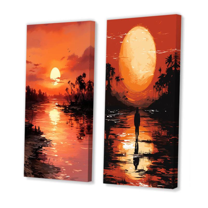 Ensemble de salon art mural orange et noir Sunrise Serenity II - bord de mer tropical, Toile tendue, H 28 po x l 25 po