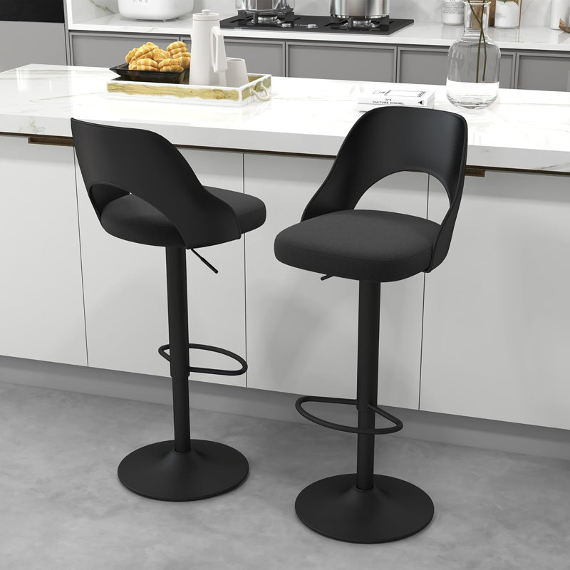Bar Stools Set of 2, Adjustable Height (25"-33"), Modern Upholstered Swivel, Hollow Backrest, Metal Base, Black, Black