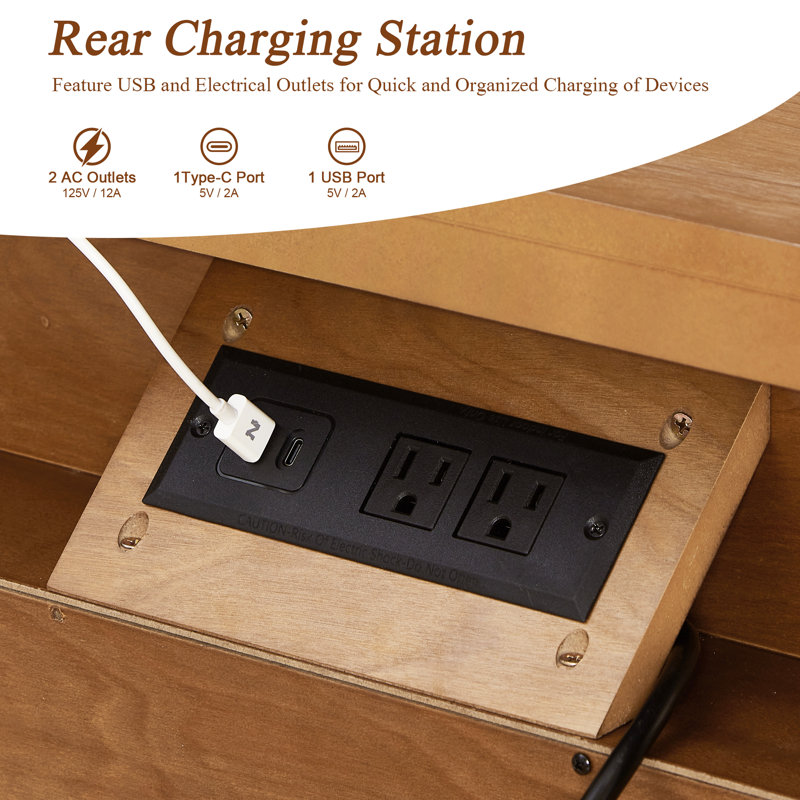 3 Drawer Wood Nightstand with Geometric Drawer Design and Built-In Charging Station, Brown