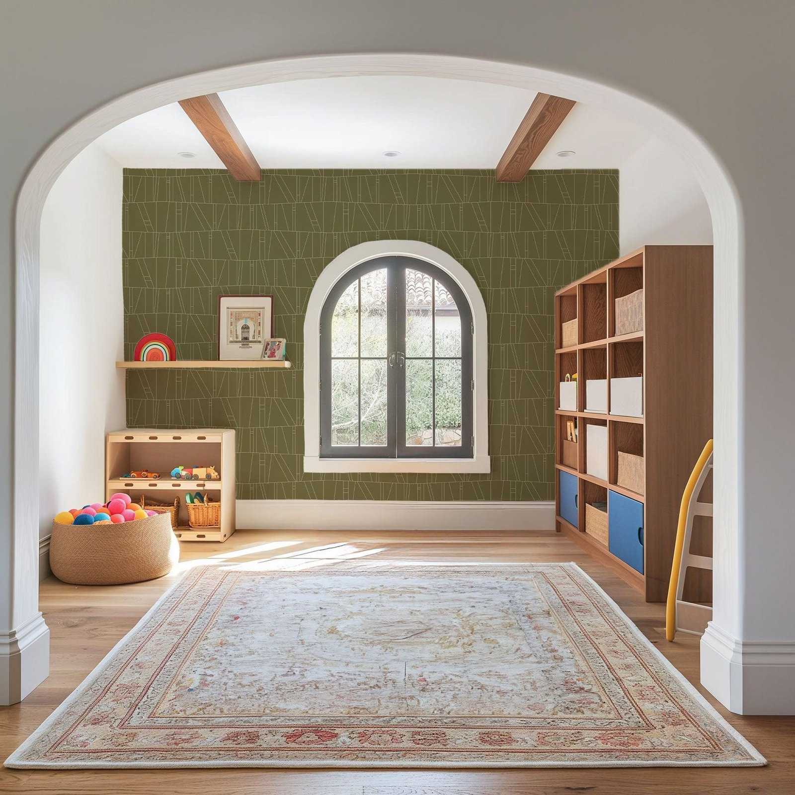 Kazi Geometric Peel & Stick Wallpaper, Non-pasted, Faux Grasscloth, Olive Green