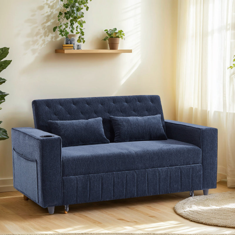 61" Convertible Pull-Out Sleeper Sofa Bed – Modern Loveseat With Adjustable Backrest & Built-In Storage, Blue