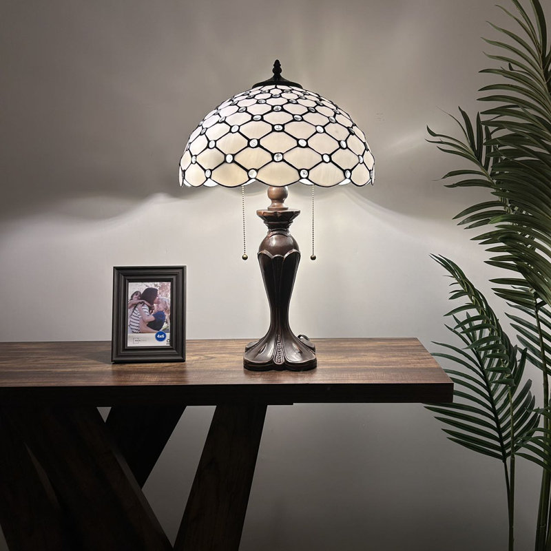 Hall Tiffany Table Lamp White Stained Glass Pull Chain Switches LED Bulbs Included 16'W*16"D*24"H
