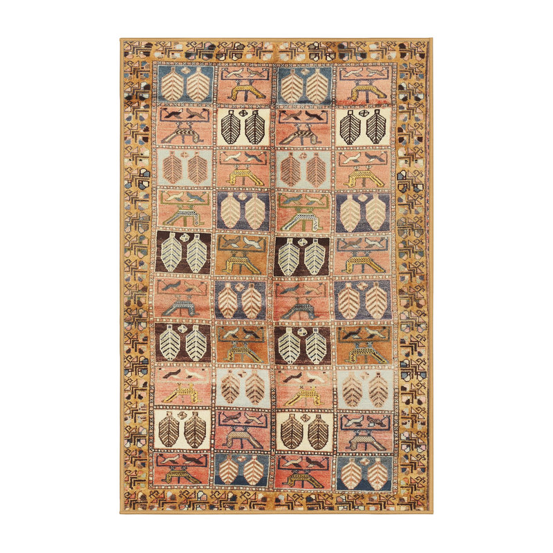 Tapis doré/beige traditionnel, Rectangle 2 pi x 5 pi