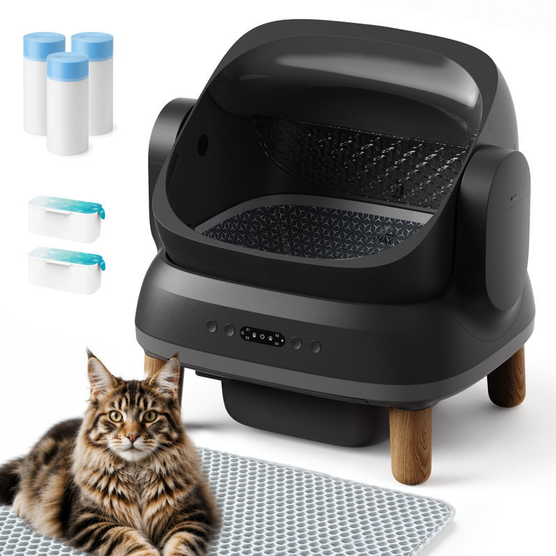 Litière à chat automatique, conception autonettoyante intelligente avec 3 sacs à litière et tapis de litière, contrôle des odeurs, facile à nettoyer pour les chats, couvercle ouvert