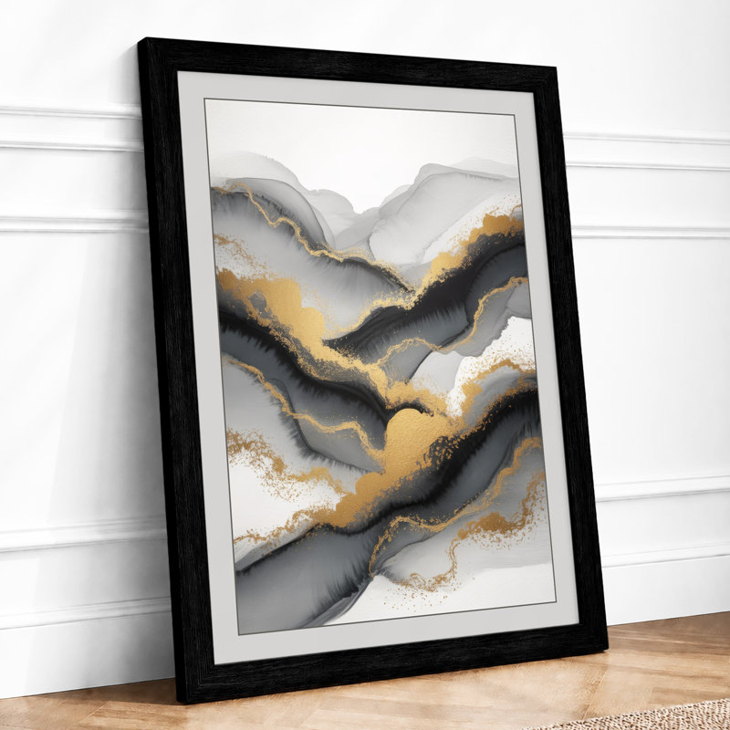 Flowing Waves In Gold Minimalist - Print, A2 - 59.4 x 42.0 cm, Black