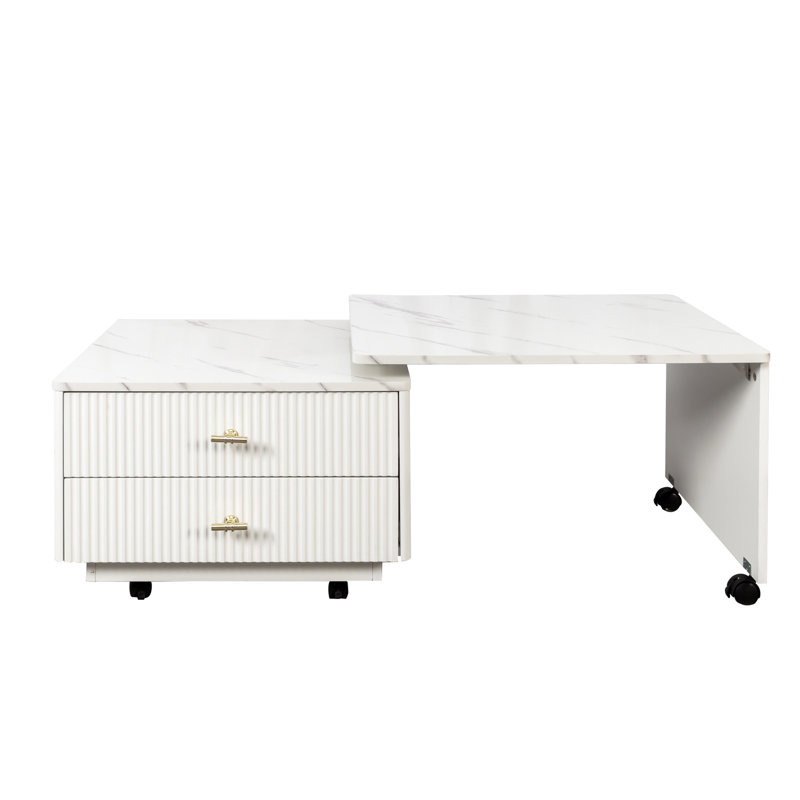 Table basse pivotante carrée blanche avec 2 tiroirs, des plateaux de table extensibles et 6 roulettes - parfaite pour le salon, plateau tournant de 47,73 po de profondeur, convenant à la maison, profondeur, 23,93 de largeur