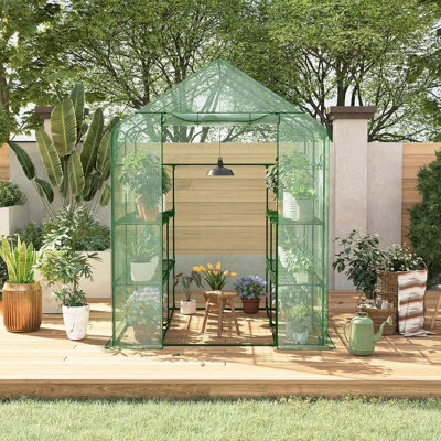 Serre de tunnel de 4,6 x 4,6 x 6,4 pi, cadre en acier galvanisé avec couvercle en PE imperméable, porte à fermeture à glissière enroulable et 6 fenêtres en filet pour la protection des plantes de jardin extérieures