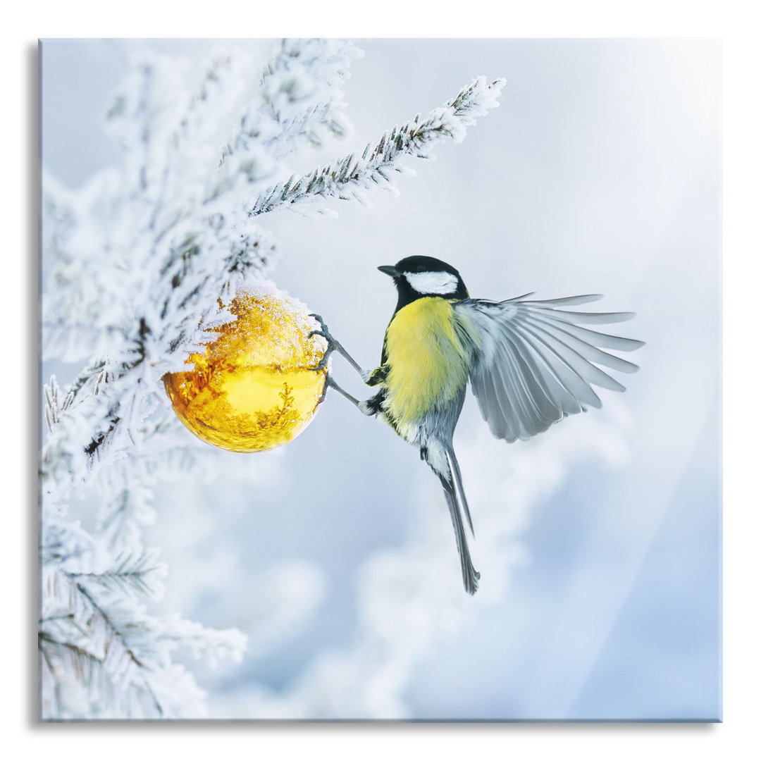 Glasbild Kohlmeise an goldener Kugel in Winterwald