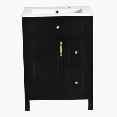 Meuble-lavabo de 24 pouces avec lavabo en céramique, 1 porte à fermeture en douceur, 2 tiroirs à fermeture en douceur et 2 supports de rangement sur la porte