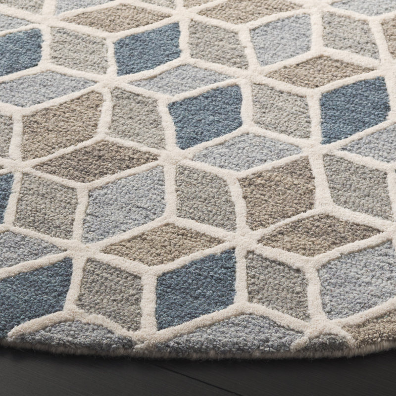 Ebony Hand Tufted Wool/Cotton Geometric Rug in Ivory/Blue, Round 6'