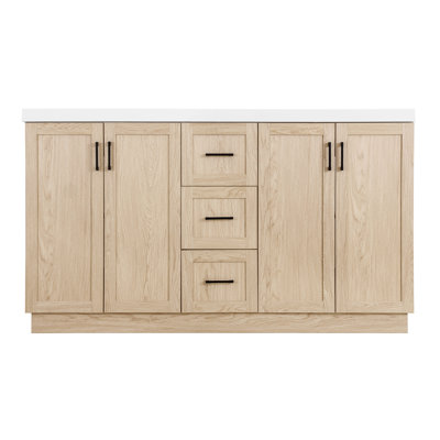 59" Double Sink Bathroom Vanity with SMC Sink, 4 Doors & 3 Drawers, Modern Wood Grain MDF