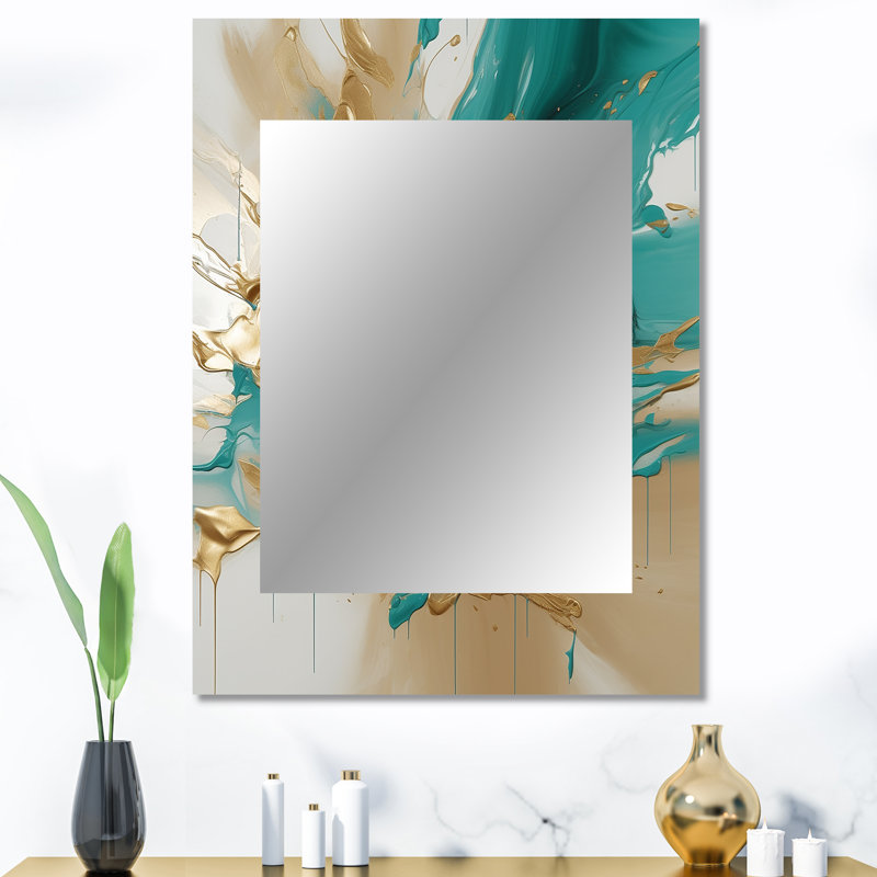 Or et marbre Turquouse Fuild Ink - miroir décoratif en marbre, miroir mural doré, impression d'art en métal, 40 po x 30 po