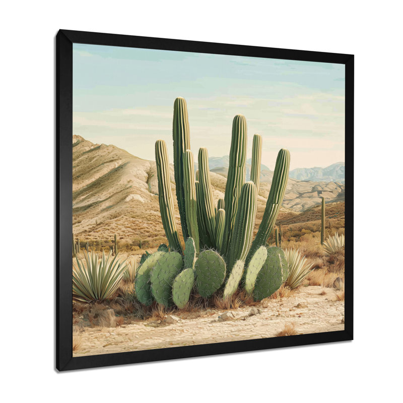Cactus et les montagnes du désert III - art mural de cactus pour le salon, H 16 po x l 16 po, Noir