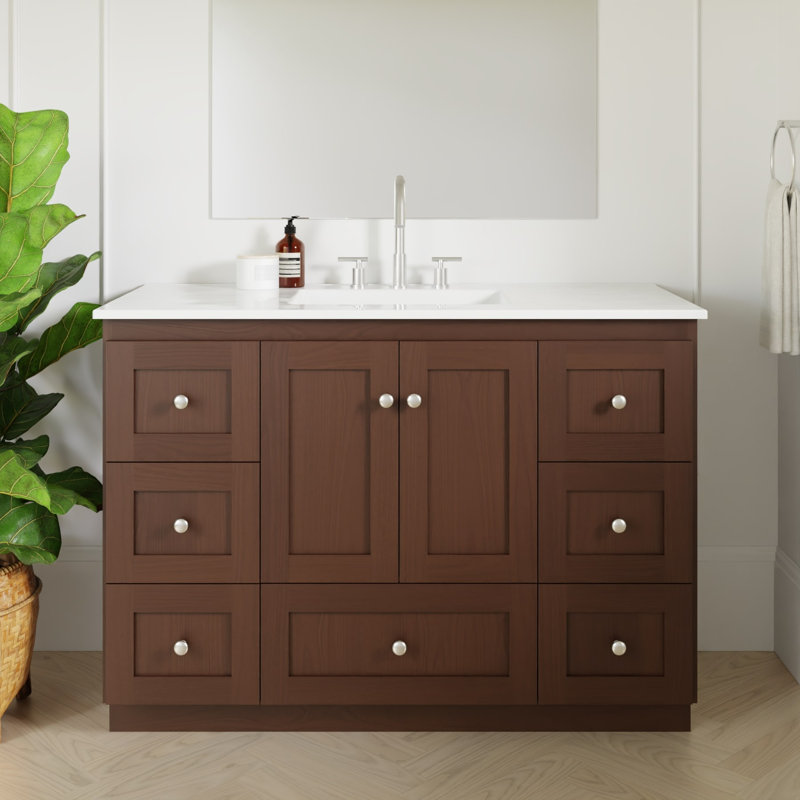 Meuble-lavabo l 49 po x P 22 po x H 35 po Shaker en aulne foncé avec comptoir en céramique blanc, Aulne foncé