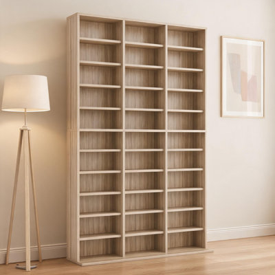 Tour multimédia haute de 11 niveaux, armoire de rangement à 33 compartiments avec étagères réglables, couleur naturelle