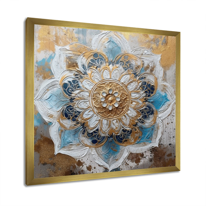 «Blue and Gold Mandala I» sur toile, H 24 po x l 24 po x P 1 po, Cadre flottant doré