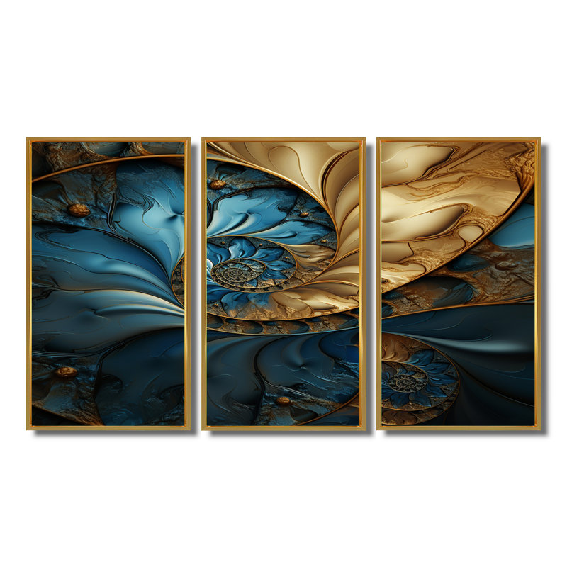 «Warm Gold Deep Ocean Fractal», ensemble de reproductions d'art mural, Cadre flottant doré, H 28 po x l 36 po x P 1 po