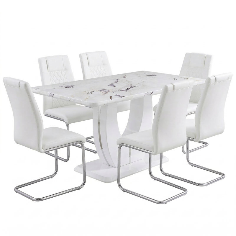 Jeanlouis Modern Faux Marble Dining Table Set with Cantilever Chairs, 7 Pieces: Table, 6 Chairs, White, Silver