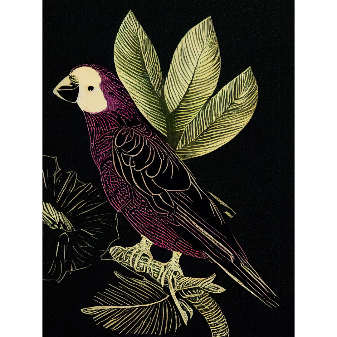 Parrot Leaves Tree Branch Vintage Linocut - Print