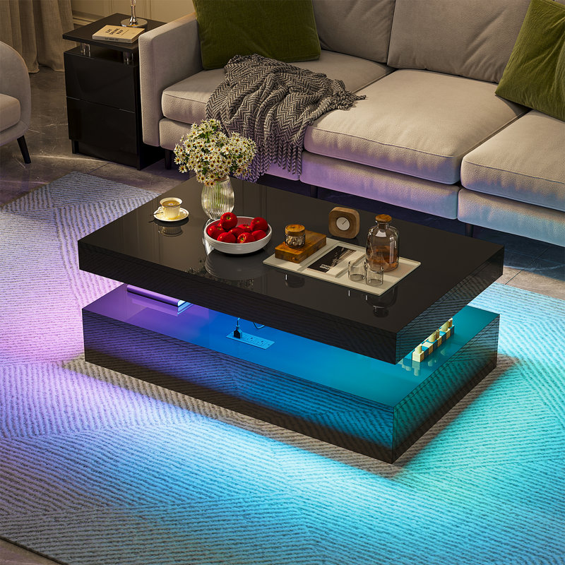 Table basse à DEL brillante de 39 po avec 2 tiroirs coulissants, tables centrales modernes à double couche avec lumières DEL, station de charge