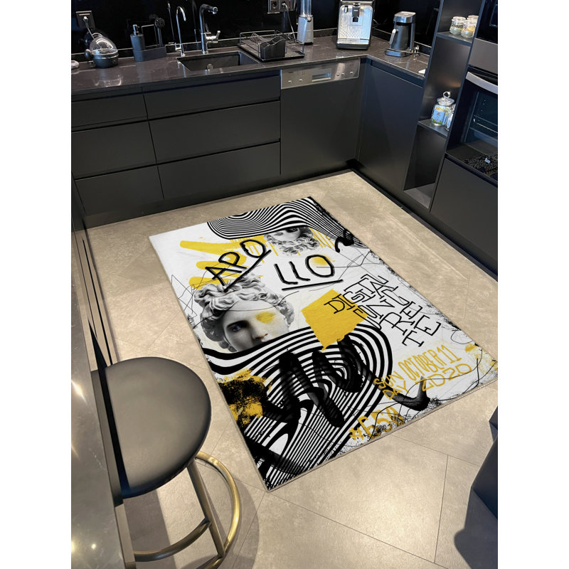 Tapis décoratif moderne à motifs mixtes gris et jaune, Rectangle 4 pi 7 po x 6 pi 6 po
