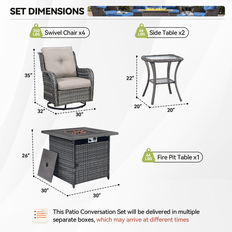 Ensemble de conversation d'extérieur 7 pièces avec 4 chaises pivotantes et 2 tables d'appoint Wendye, Gris, Beige