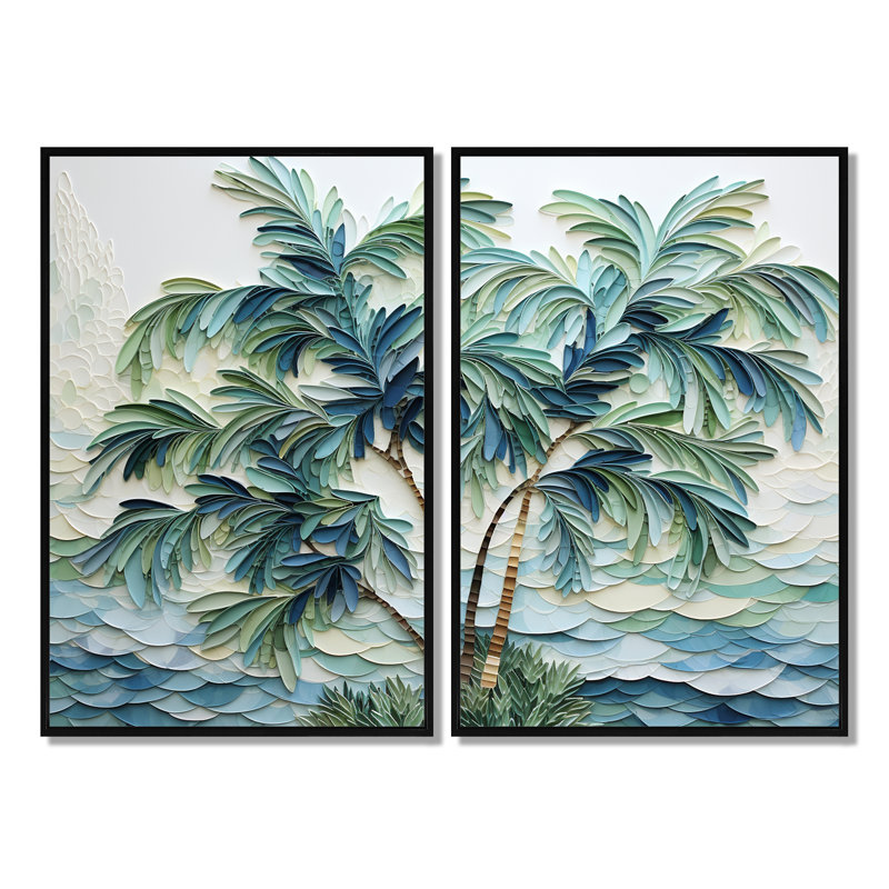 «Green Minimalims Palm Trees» - Art mural traditionnel, 36" H x 48" W, Impression encadrée flottante, Black