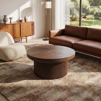 33.5" T-Shaped Coffee Table, Recessed Vertical Grain Detailing, Solid Wood Parquet Top And Cylindrical Legs, Round Cocktail Table, Mid-Century Modern Style