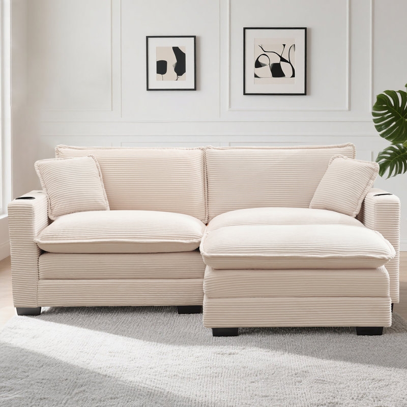 Canapé modulaire en forme de L 83 po avec porte-gobelets et ports USB, Velours côtelé beige