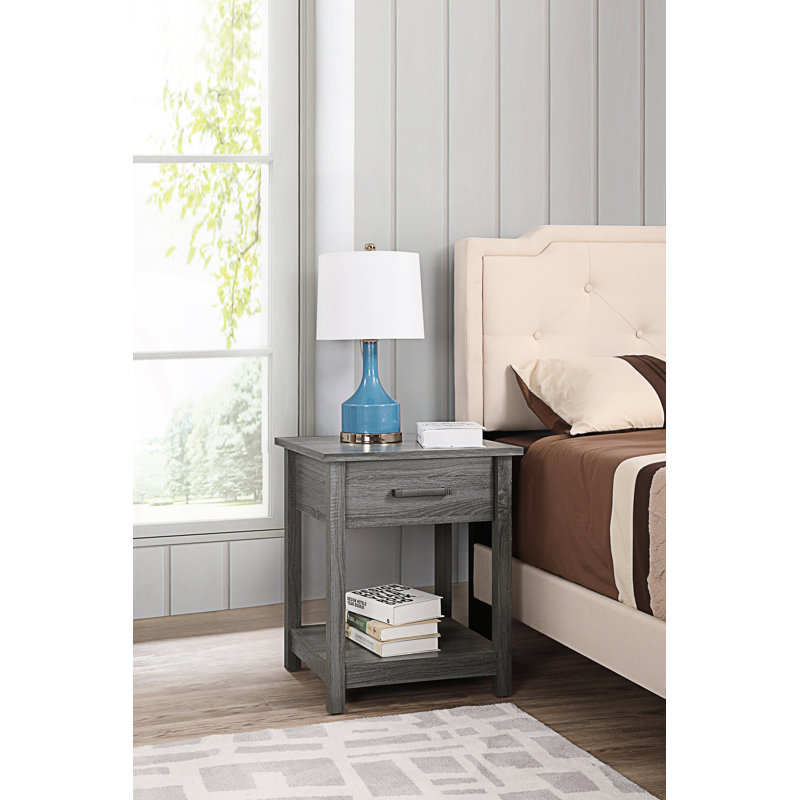 Nightstand With Low Shelf And Drawer, Gray