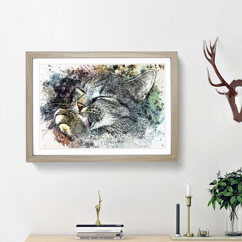 Cat Licking its Paw in Abstract - Picture Frame Graphic Art Print, Oak Framed, 48cm H x 65cm W x 2cm D