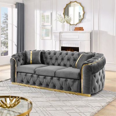 90.6 Inches Velvet Button Tufted Sofa Couch With 2 Pillows, 3 Seater Luxury Chesterfield Sofa Set With Gold Stainless Steel Accents For Living Room, 280G Italian Velvet