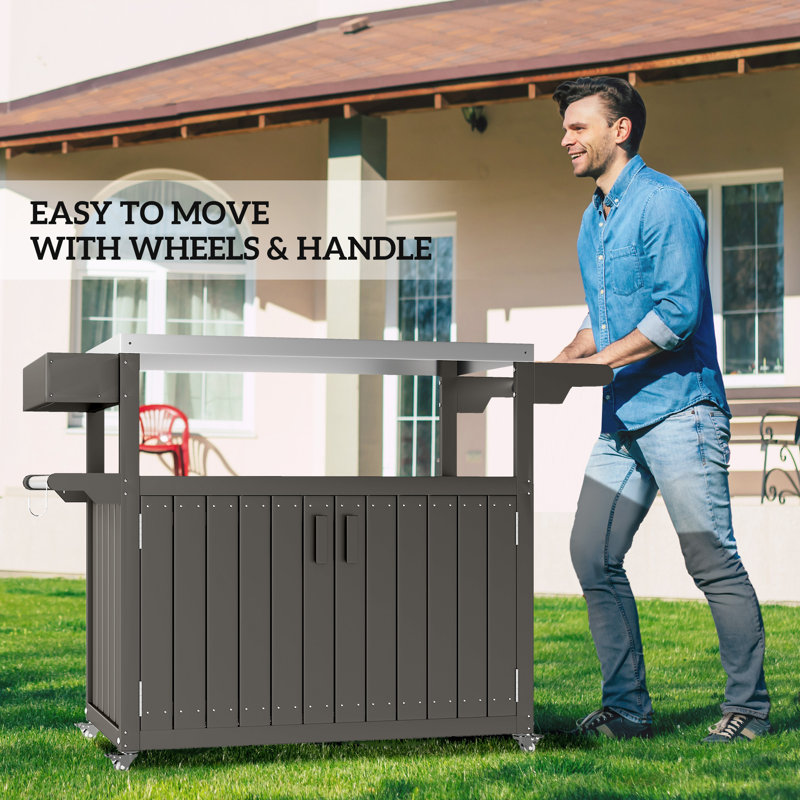 Outdoor Bar Cart, HDPE Outdoor Kitchen Cabinet Bar Table w/ Wheels,wood