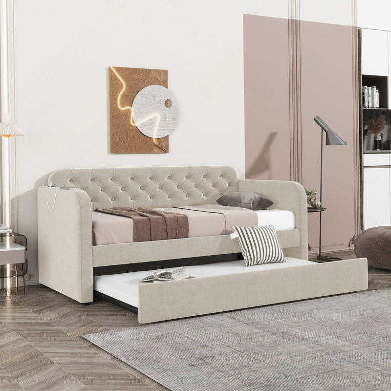 Twin Size Upholstered Daybed With Trundle And USB Charging Design, Velvet Upholstered Daybed Frame