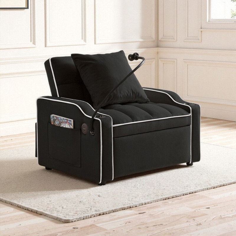 Canapé-lit convertible 3-en-1 avec ports USB et dossier réglable, solution peu encombrante pour les petits espaces, Noir